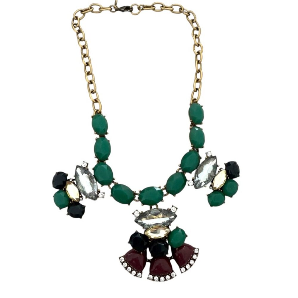 J. Crew Statement Necklace green brown crystals Bib necklace Gold tone